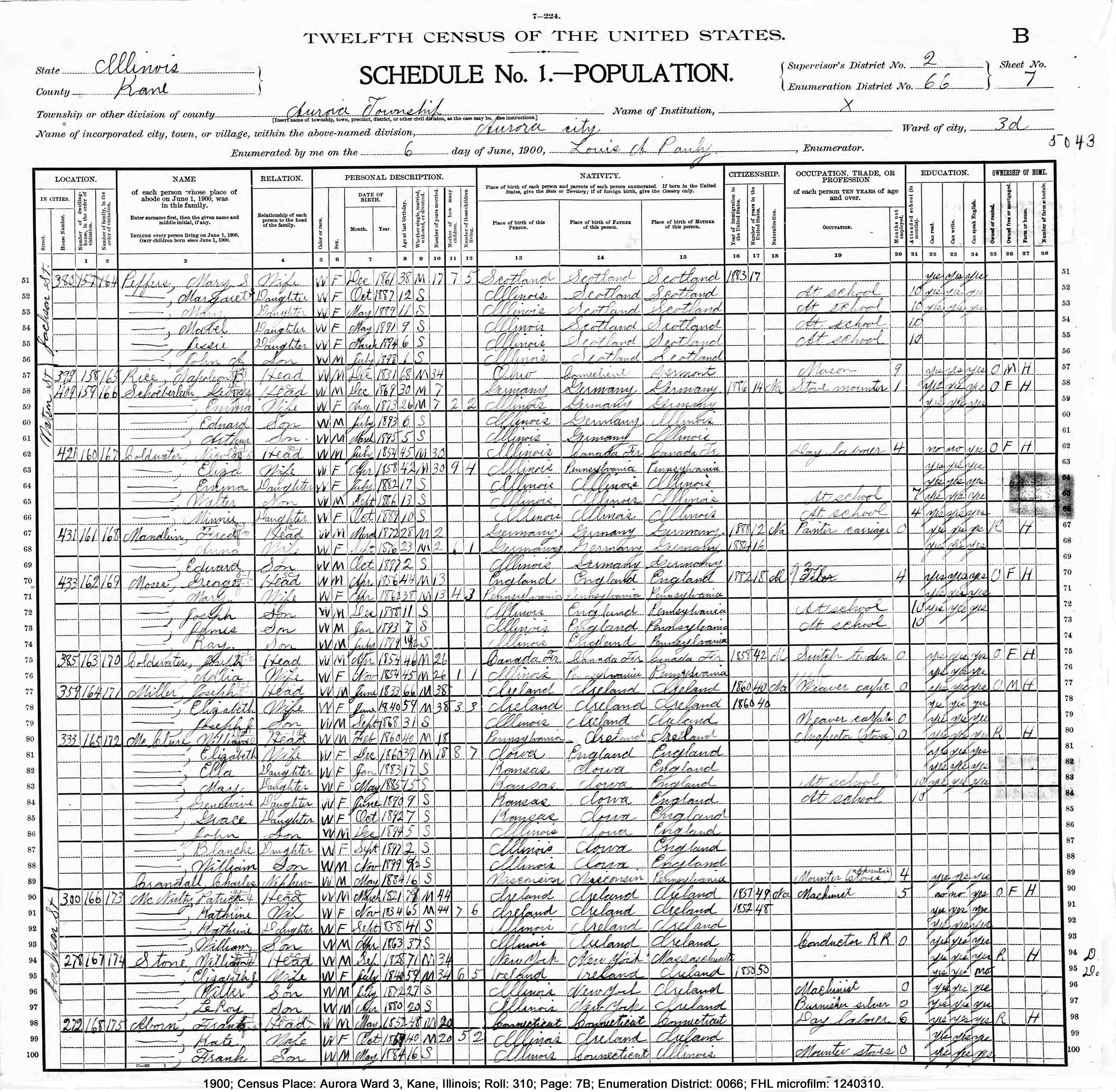 1900, Census Place, Aurora Ward 3, Kane, Illinois, Roll 310, Page 7B, Enumeration District 0066, FHL microfilm 1240310