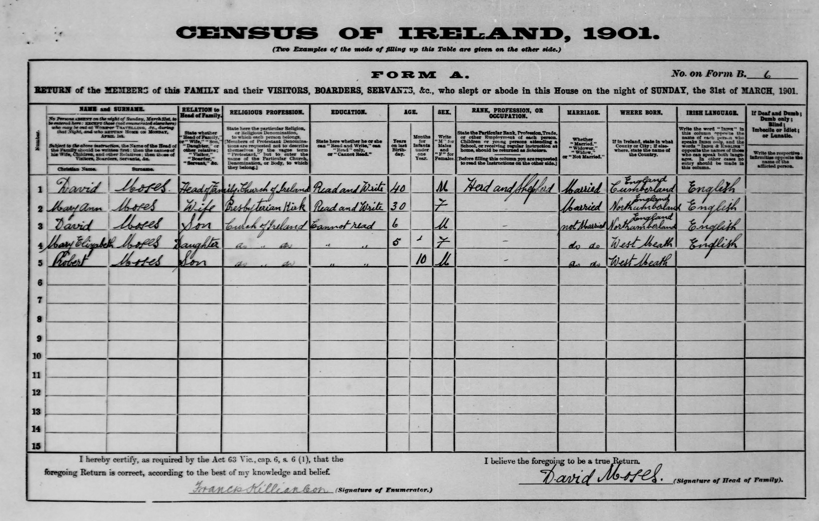 1901 Census David Palmer Moses